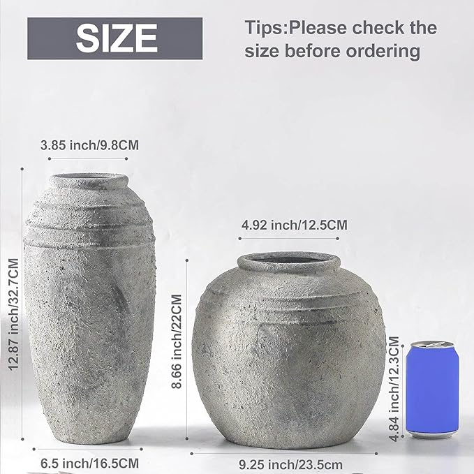 Large Ceramic Flower Vase, 8.66 inch Tall Round Rustic Farmhouse Vase for Home Decor, Wide Mouth, Living Room Shelf Decor, Enterway, Table