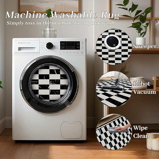 Grey Black Checkered Kitchen Hallway Carpet, 2x6ft, Abstract Black Marble Indoor Decor Washable Rugs, Durable Soft Cozy Non Slip Rug, Breathable Non Shedding Mats for Front Porch