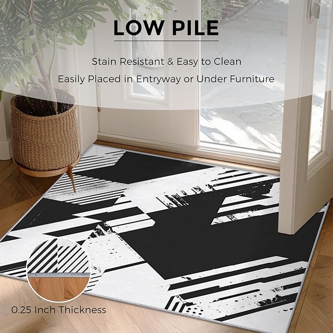 Black and White Rugs for Home Decor, 5x7 ft, Abstract Geometric Area Rugs for Living Room, Soft Non Slip Washable Modern Minimalist Carpet Bedroom Decorations Dt-Ghf-31