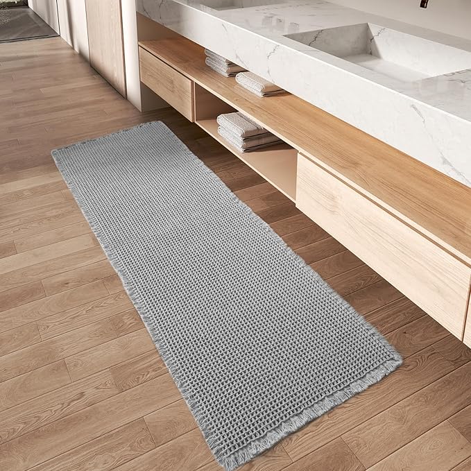 AMOAMI Upgraded Waffle Runner Rug Super Absorbent Non Slip Bath Mats for Bathroom Machine Washable Bathroom Runner Rug with Tassels, Ideal for Hallway Bedroom Laundry Room, Light Grey, 17" x 72"