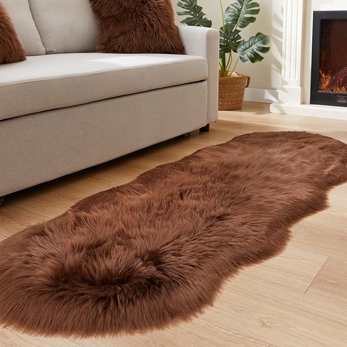 EasyJoy Ultra Soft Fluffy Shaggy Area Rug Faux Fur Rug Chair Cover Seat Pad Fuzzy Area Rug for Bedroom Floor Sofa Living Room (2 x 6 ft Sheepskin, Coffee)
