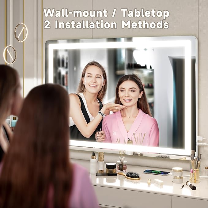 Large Vanity Mirror with Lights 32"x22", Lighted Makeup Mirror, Wall-mounted Hollywood Mirror, Touch Sensor, 3-Color Lighting, 5X Magnification, USB Port for Vanity Desk Tabletop, Bedroom, Salon