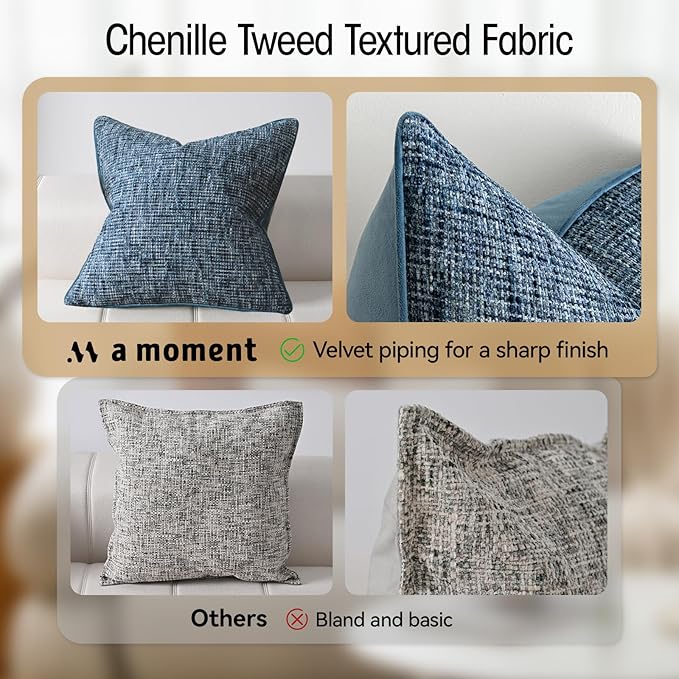 a moment Blue Reversible Pillow Covers 2 Pack - Farmhouse Chenille Throw Pillows, Neutral Textured Decorative Throw Pillow Covers with Border for Couch Sofa Bed (20x20 Inch, No Insert)