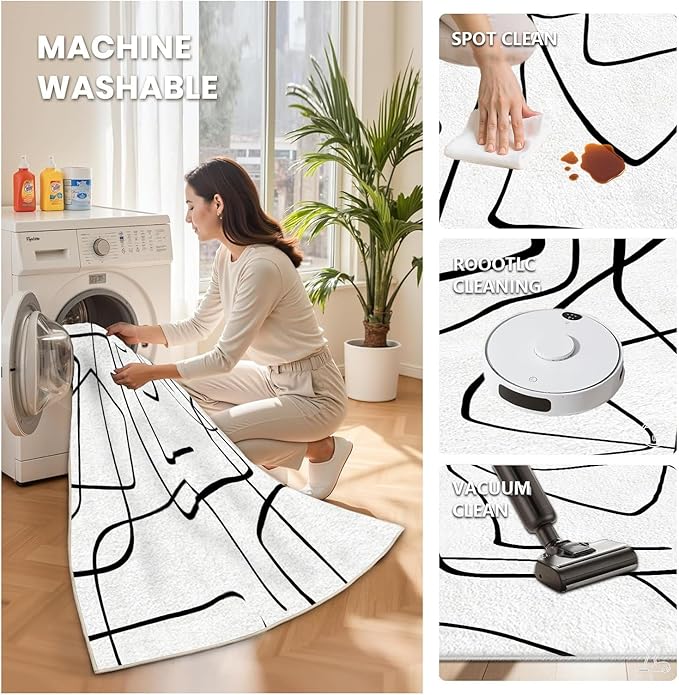 Black and White Rug - Abstract Area Rug, Black and White Rugs for Living Room, Modern Minimalist Washable Rugs, Contemporary Carpet Non Slip Home Decor, Curve 6x9