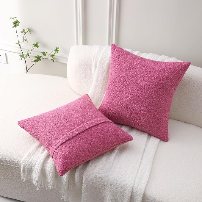 FUTEI Pack of 2 Hot Pink Decorative Throw Pillow Covers 16x16 Inch Soft Cozy Solid Boucle Textured Cushion Case,Modern Home Decor for Couch Bed Living Room