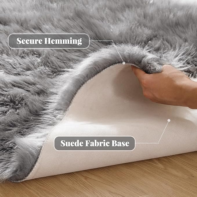 Silver Grey Faux Sheepskin Washable Shaggy Fur Area Rugs for Living Room Bedroom 2x6 Fluffy Nursery Rug Runner Teen Room Décor