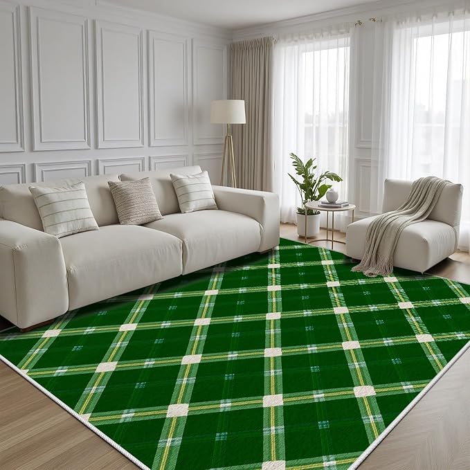 Plaid Rug - 3x5 Rug for Living Room, Geometric Stripes Soft Neutral Indoor Floor Carpet, Non-Slip Stain Resistant Modern Washable Rugs for Bedroom, Green Area Rugs
