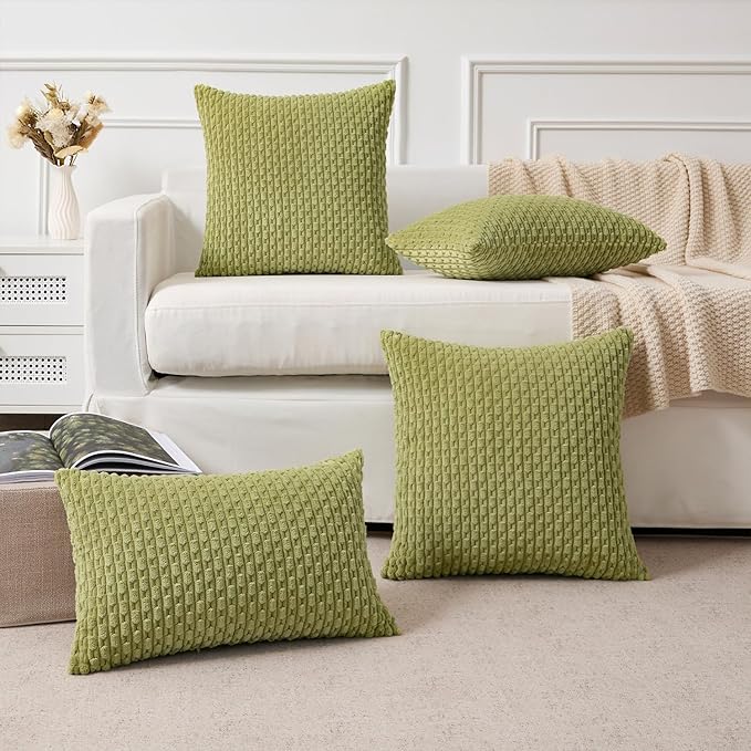 Kevin Textile Spring Decorative Pillow Covers Set of 2 Striped Plush Corduroy Rectangle Lumbars Boho Home Decor Cushion Covers for Couch Sofa Bed Living Room 12x20 Inch, Grass Green