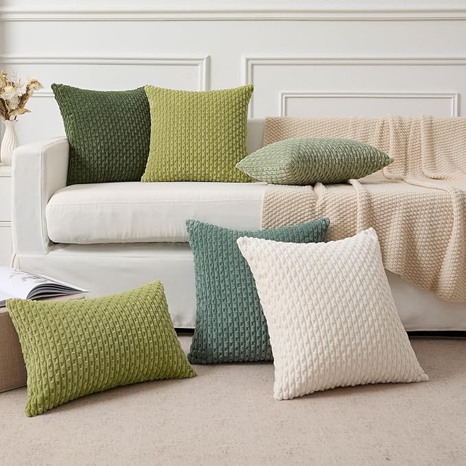 Kevin Textile Spring Decorative Pillow Covers Set of 2 Striped Plush Corduroy Rectangle Lumbars Boho Home Decor Cushion Covers for Couch Sofa Bed Living Room 12x20 Inch, Grass Green