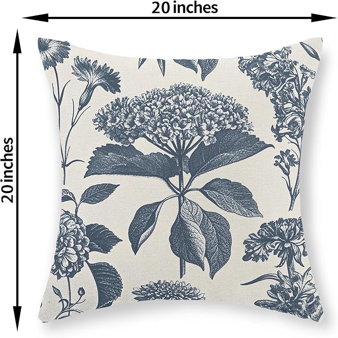 Blue Pillow Covers 20x20 Set of 2 Vintage Boho Floral Hydrangea Herbs Botanical Throw Pillow Cover Outdoor Flower Decoration Pillowcase Linen Farmhouse Cushion Case Decorative for Couch Sofa