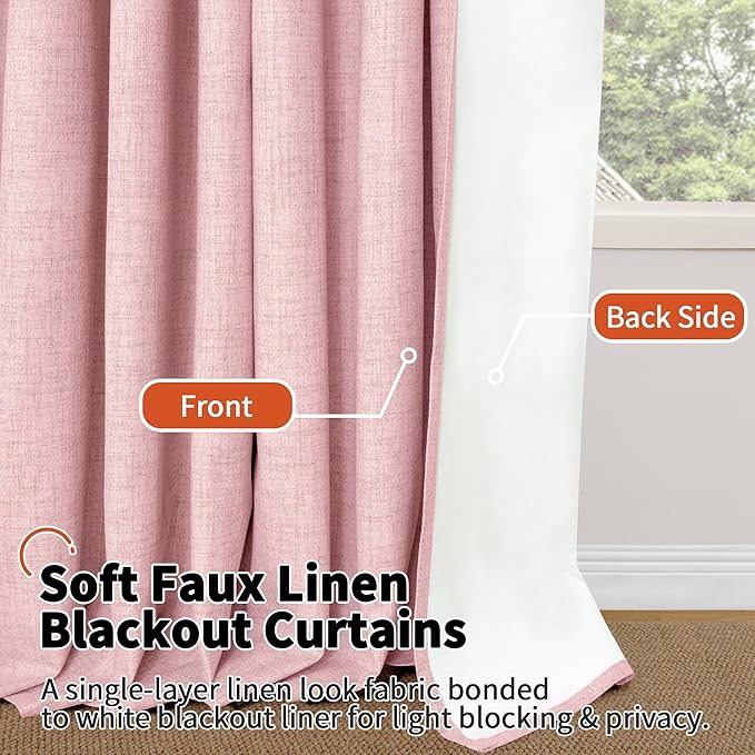 Lajode Baby Pink Linen Blackout Curtains for Nursery 45 Inch Length 2 Panels, Short Thermal Insulated Boho Total Black Out Noise Reducing Small Window Curtains for Girls Bedroom, Each 38 Inch Wide