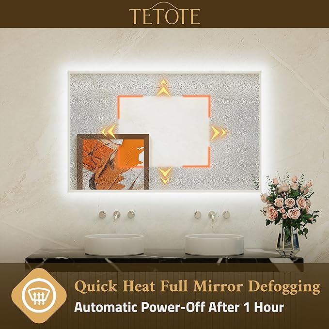 TETOTE 60 x 40 Backlit Bathroom Mirror Brushed Nickel Metal Frame LED Light Vanity 3-Color White/Warm/Natural Stepless Dimmable Anti-Fog Backlight Mirror Wall-Mounted