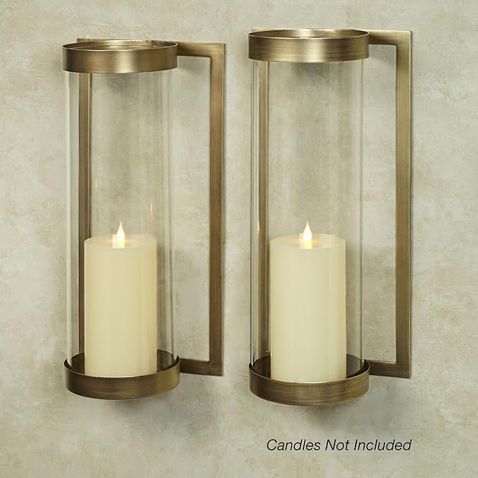 Crosce Satin Brass Metal Wall Sconce | Set of Two | Candleholder Sconces for Bedroom Living Room, Bathroom, Hallway, Entryway | Hurricane Style Glass