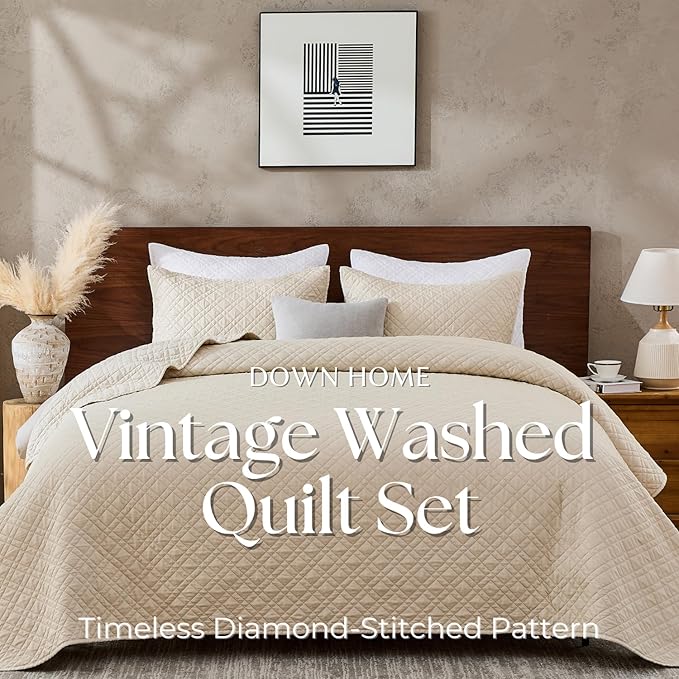 DOWN HOME Twin Quilt Set with Sham Lightweight Quilted Bedspread Coverlet Thin Comforter Bed Cover Vintage Washed Quilted Blanket for All Season, Brushed Microfiber Diamond Stitching, Beige, 66"x92"
