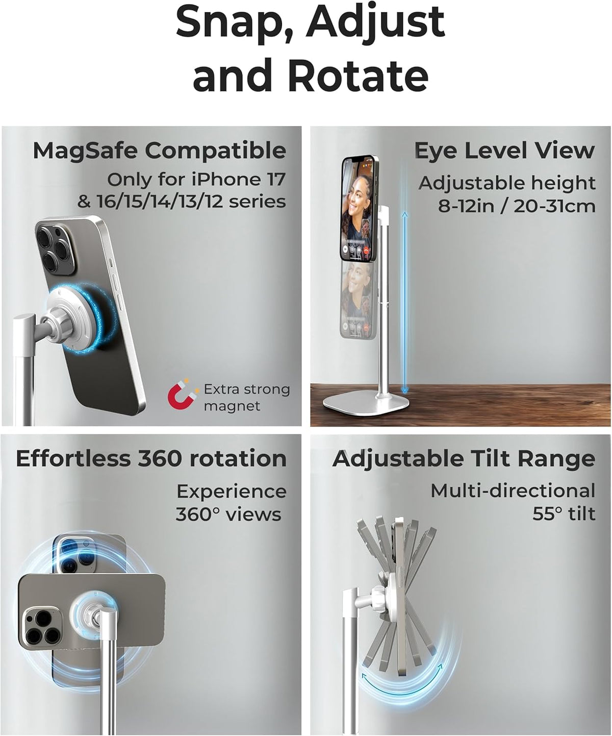 COOPER 17 16/15/14/13/12, MagStand, Adjustable Magnetic iPhone Stand for Desk & Phone Holder for Video Recording