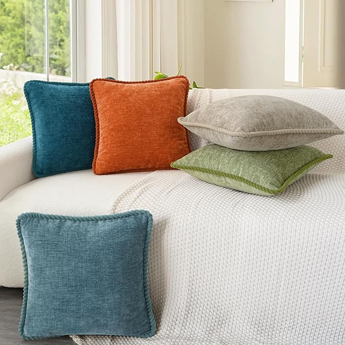 CaliTime Fall Decorative Couch Throw Pillow Covers 16 X 16 Inches Pack of 2 Cozy Chenille Piping Edge Cushion Cases for Sofa Bed Living Room Home Burnt Orange
