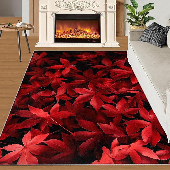 Maple Leaves Living Room Rugs, Red Leaves Area Rugs 5x8 Rug Canada Maple Leaf Non-Slip Washable Rugs Stain Resistant Rug Low-Pile Throw Rug for Bedroom Dining Room Office