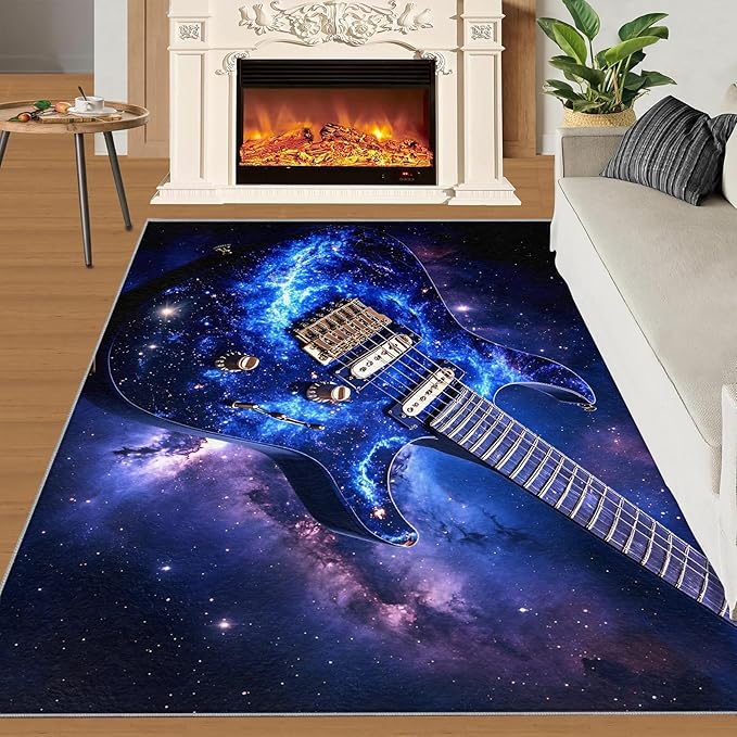 Guitar 3x4 Area Rugs for Living Room -Musical Instruments Washable Rug Starry Sky Non-Slip Carpet Indoor Floor Stain Resistant Thin Carpets for Bedroom Dining Room Home Office