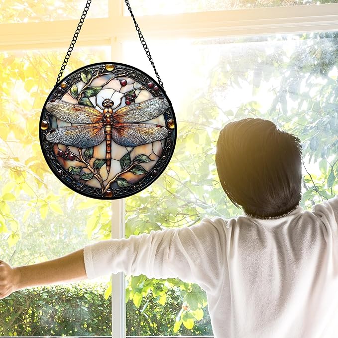 DASTOLL Stained Glass Window Hanging - Dragonfly Plant Suncatcher Ready to Hang Window Doors Home Decoration, Christmas, Mother's Day Birthday Gifts for Women, Men, and Mom 9.8x9.8 in