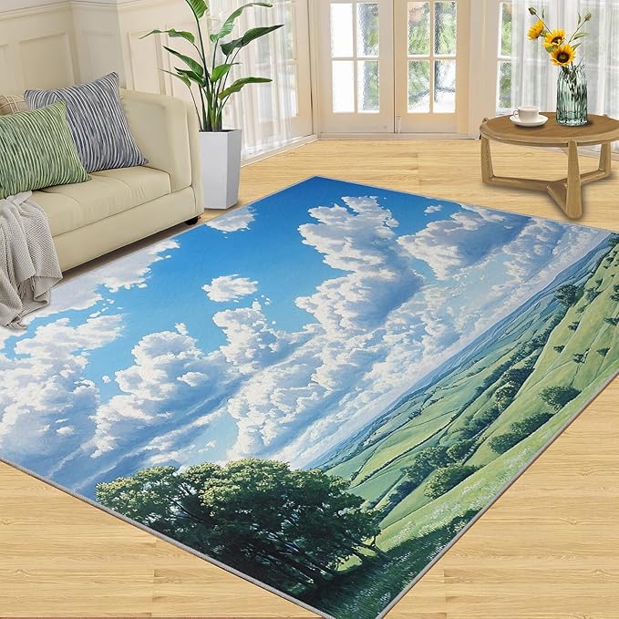 Sky and Clouds 6x8 Area Rugs for Living Room -Grassland and Pasture Washable Rug Rural Landscape Non-Slip Carpet Indoor Floor Stain Resistant Thin Carpets for Bedroom Dining Room Home Office