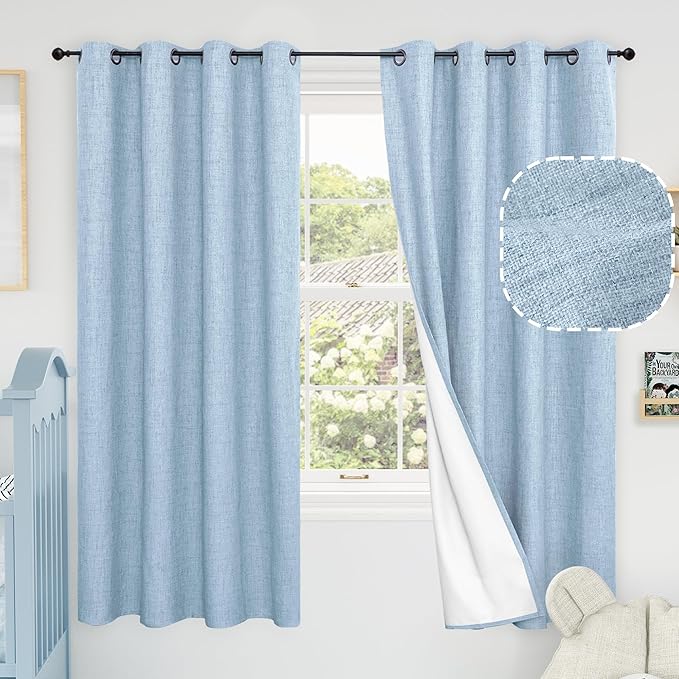 Baby Blue Linen Blackout Curtains for Nursery 63 Inch Length 2 Panels Set, Thermal Insulated Boho Total Black Out Noise Reducing Bonzer Grommets Window Curtains for Kids Bedroom, Each 52 Inch Wide