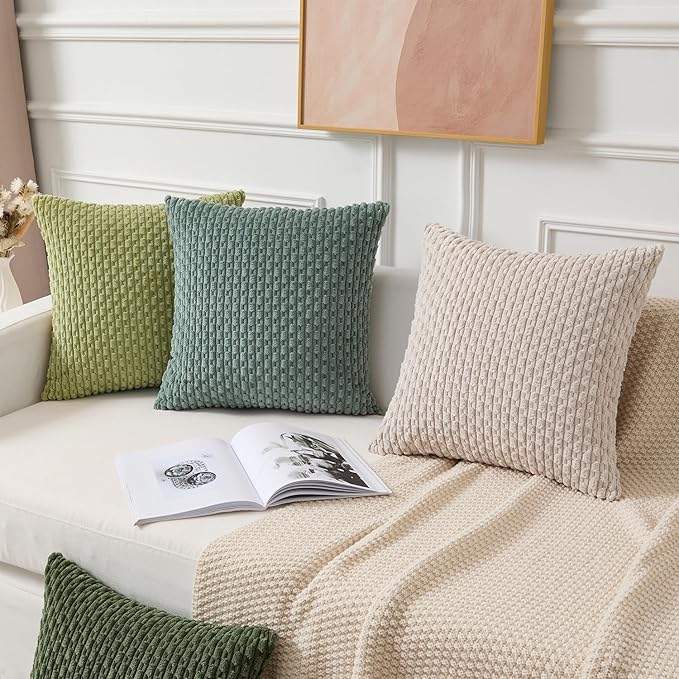 Kevin Textile Decorative Pillow Covers Set of 2 Striped Plush Corduroy Pillows Pillowcases Boho Home Decor Cushion Covers for Couch Sofa Bed Living Room 18x18 Inch, Teal Green