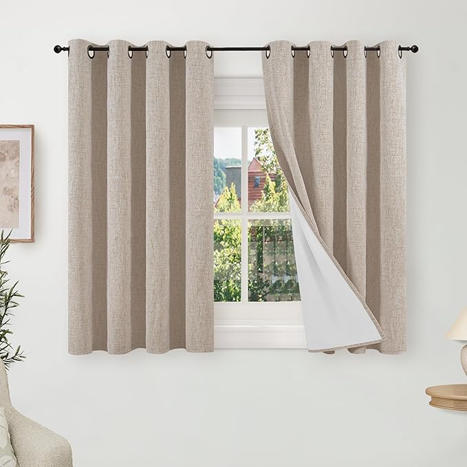 Lajode Linen Blackout Curtains 54 Inch Length 2 Panels for Bedroom, Thermal Insulated Total Light Blocking Noise Reducing Window Curtains for Farmhouse, Bronze Grommet, Beige, Each 52" Wide