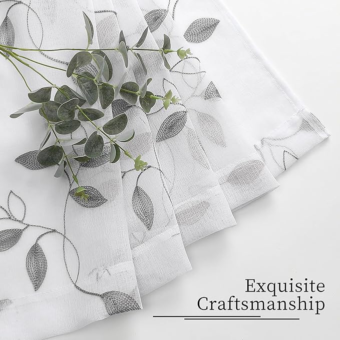 Tollpiz Grey Leaf Sheer Curtain Leaves Embroidered Bedroom Curtains Rod Pocket Voile Window Treatment for Living Room, 54 x 95 inches Long, Set of 2 Panels