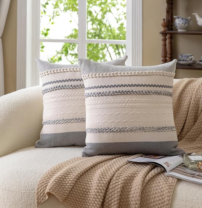 Boho Throw Pillow Covers 20x20 Inch Set of 2, Grey Textured Decorative Couch Pillow Cases for Farmhouse Home Decor, Accent Cushion Cover for Sofa, Bed, Living Room, Bedroom