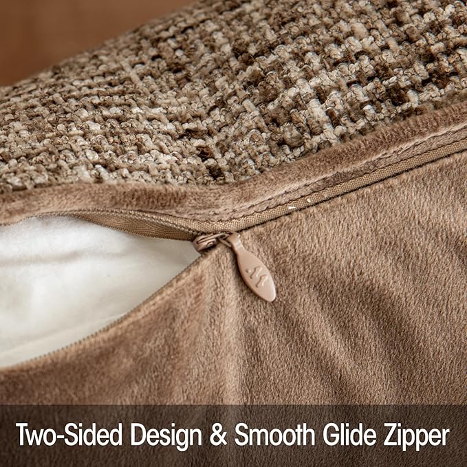 a moment Brown Reversible Pillow Covers 2 Pack - Farmhouse Chenille Throw Pillows, Neutral Textured Decorative Throw Pillow Covers with Border for Couch Sofa Bed (12x20 Inch, No Insert)