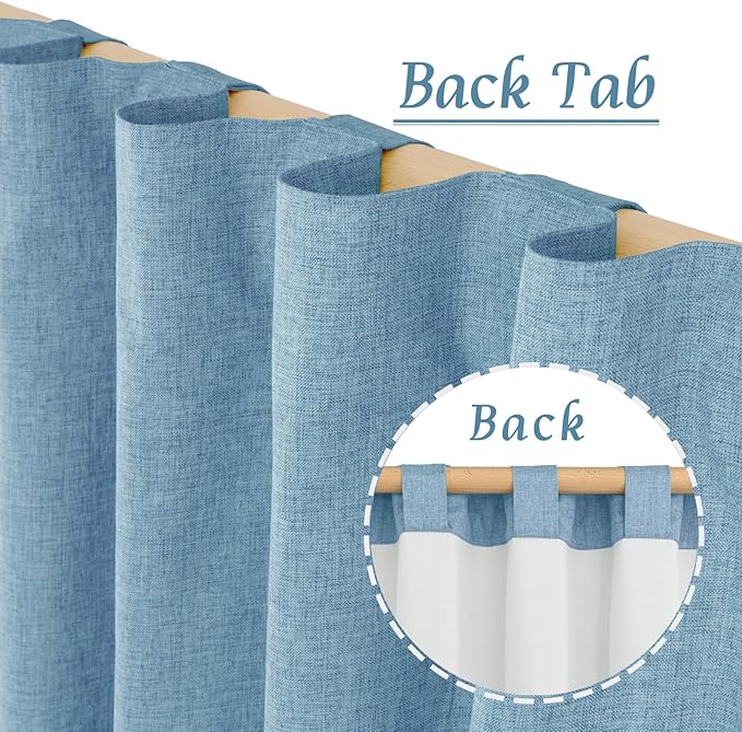 LAMIT 100% Blackout Blue Linen Curtains, 63 Inches Linen Textured Thermal Bedroom Curtains Back Tab and Rod Pocket Neutral Panels with White Liner for Boys' Room, 2 Panels, 52 x 63 Inch