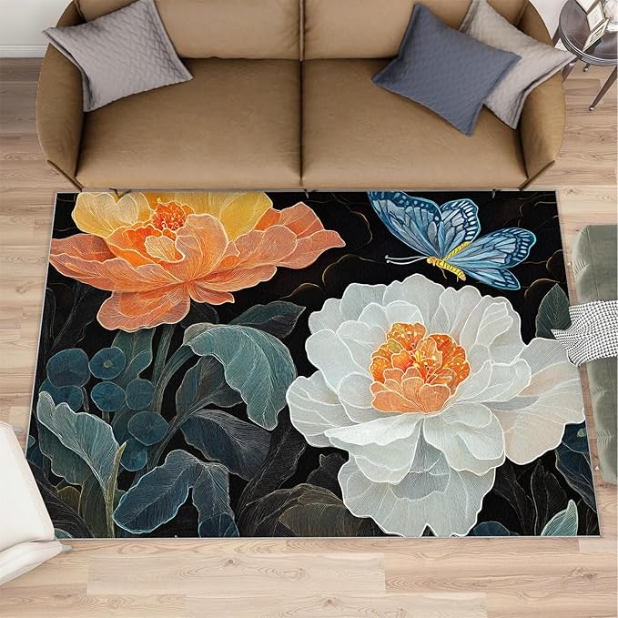 Flowers 2x3 Area Rugs for Living Room Classic Petals Washable Rug Orange-Yellow Flowers Rug Non Slip Low Pile Soft Area Rugs for Bedroom Bedside Dining Room Kids