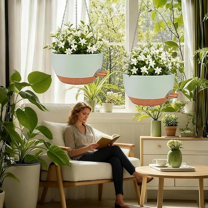 2 Pack Hanging Planters for Indoor Outdoor Plants, 12 Inch Self Watering Hanging Pot with Drainage Holes and Saucer, Plastic Plant Pots, Green Brown Flower Pots for Kitchen, Balcony, Garden