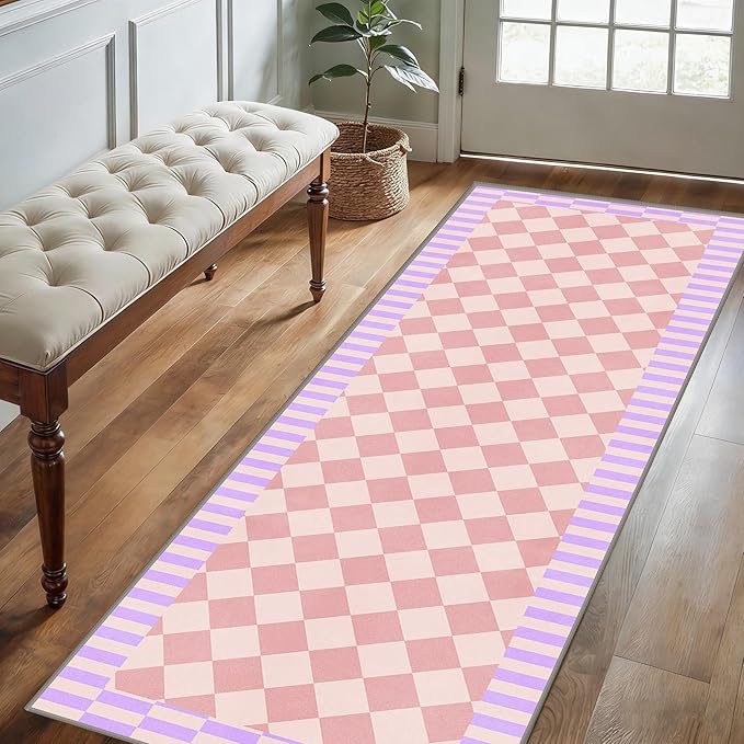 Pink Checkered Long Hallway Rug Runners, 2.6x7ft, Cute Girly Purple Geometric Design Bedroom Carpets for Girls, Fade Resistant Durable Pet Friendly Easy Clean Carpet for Indoor Porch