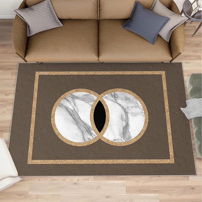 Brown Marble Bedroom Rug Vintage Mid-Century Geometric Rug Marble Pattern Decor Rugs Circle Rectangle Gilded Geometry Floor Mat Elegant Decor for Living Room 2x3ft