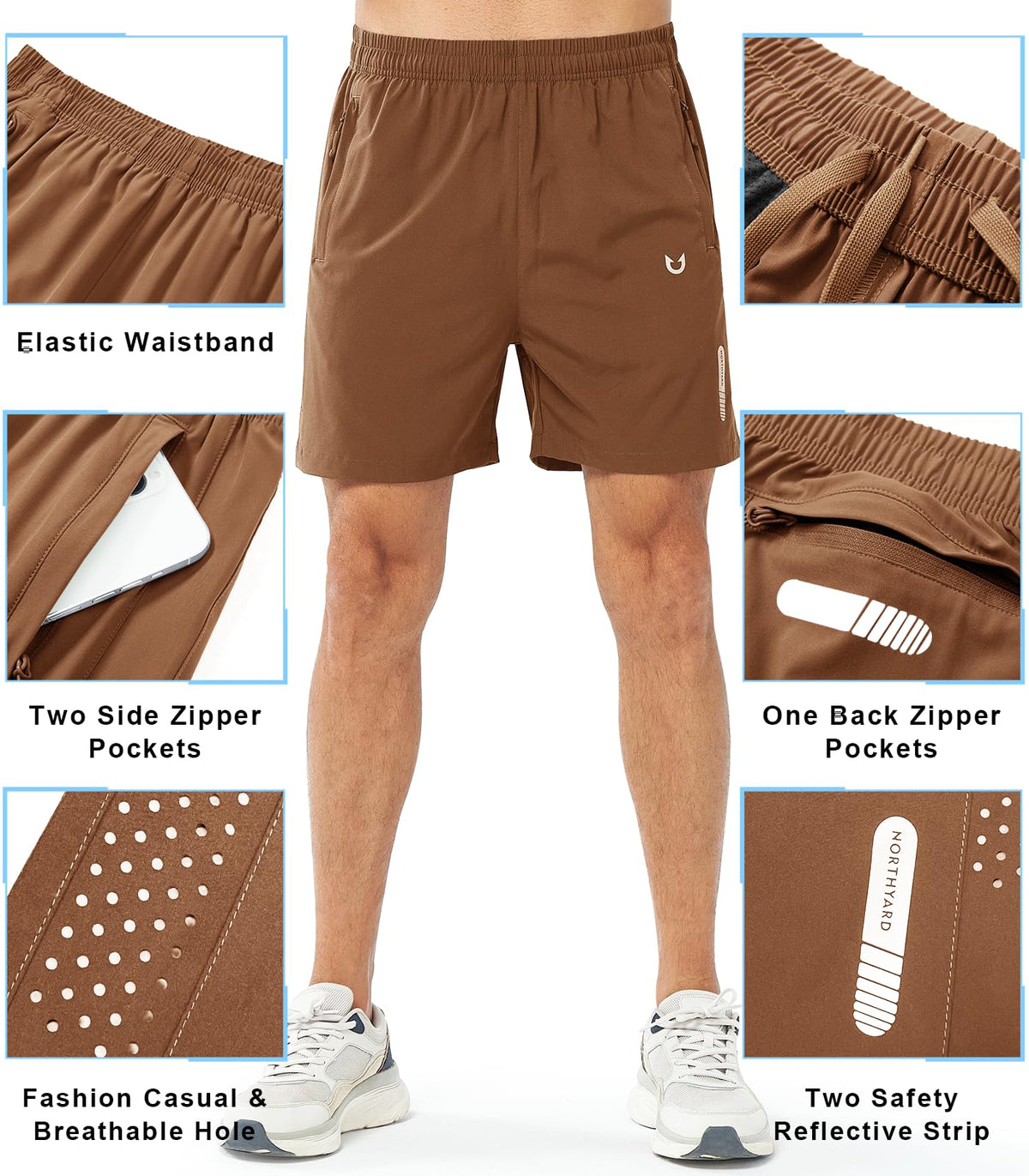 NORTHYARD Men's Athletic Running Shorts Gym Workout 7"/9"/5" Quick Dry Lightweight Sports Basketball Tennis 3 Zipper Pockets BROWN-5inch L