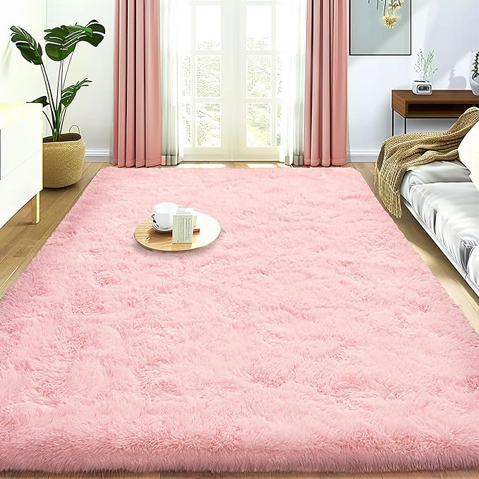 Super Fluffy Rug for Bedroom, 4x6 Shag Fuzzy Area Rug for Living Room Bedroom, Plush Soft Carpet for Girls Boys Kids, Non Slip Throw Rugs for Dorm, Modern Home Decor Aesthetic, Pink