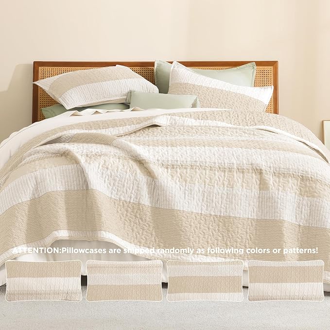 Litanika Quilt Queen Size Beige, Stripe Patchwork Summer Bedspread Coverlet 3 Pieces, Soft Lightweight Microfiber Quilted Bedding Set for All Season(1 Quilt, 2 Pillowcases)