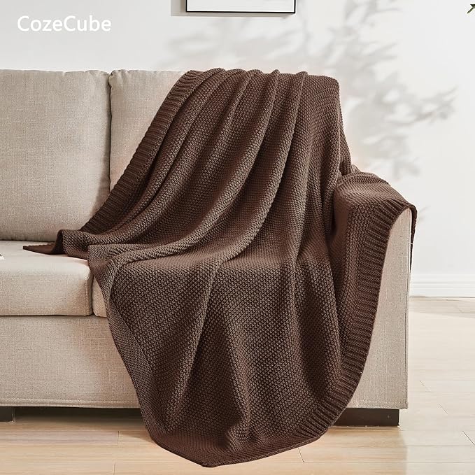 CozeCube Brown Throw Blanket for Couch, Soft Cozy Cable Knit Throw for Bed Sofa Living Room, Lightweight Warm Decorative Farmhouse Christmas Blanket, 60"x80", Dark Brown