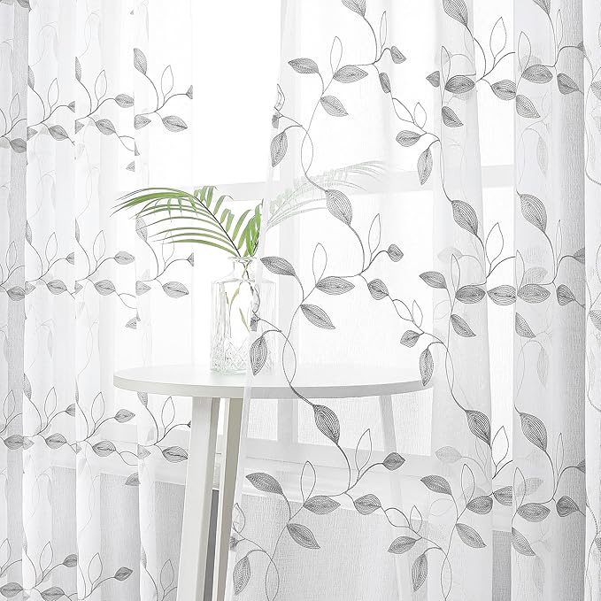 Tollpiz Grey Leaf Sheer Curtain Leaves Embroidered Bedroom Curtains Rod Pocket Voile Window Treatments for Living Room, 38 x 63 inches Long, Set of 2 Panels