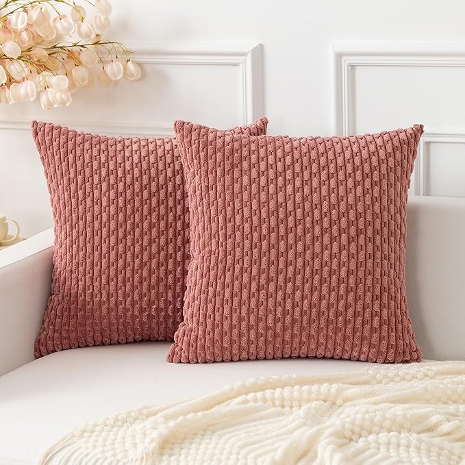 Kevin Textile Valentines Day Throw Pillow Covers Soft Corduroy Decorative Set of 2 Boho Striped Pillow Covers Pillowcases Farmhouse Home Decor for Couch Bed Sofa Living Room 26x26 Inch Blush Pink