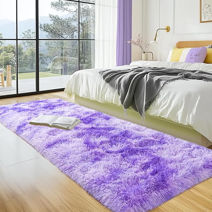 Fluffy Runner Rugs for Bedroom Hallways, 2x6 Runners for Hallways Fluffy Throw Area Rug Non Slip for Bedside Dorm, Shag Rugs for Girls Boys Bedroom, Floor Carpet Runner for Kids Dorm, Tie-Dyed Purple