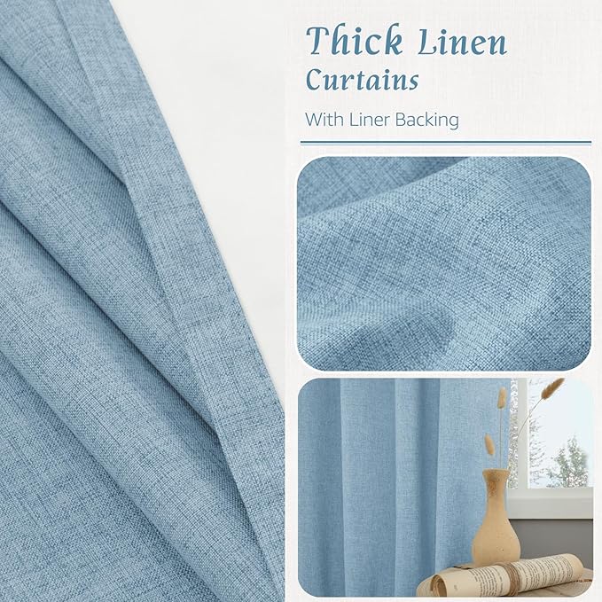 LAMIT Linen 100% Blackout Window Curtains for Bedroom, 45 Inches Linen Textured Thermal Farmhouse Curtains Back Tab and Rod Pocket Window Panels with White Liner, 2 Panels, 38 x 45 Inch, Stone Blue