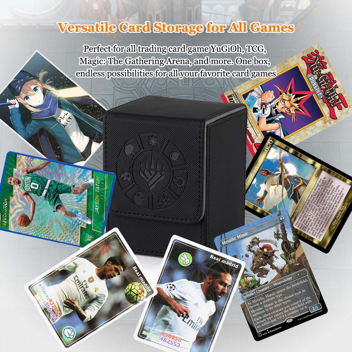 Arkeiliy Card Deck Box, 110+ Storage MTG Deck Box with 50 Pcs Card Sleeve, Collectible Trading Card Cases for Magic Commander and More (Black)