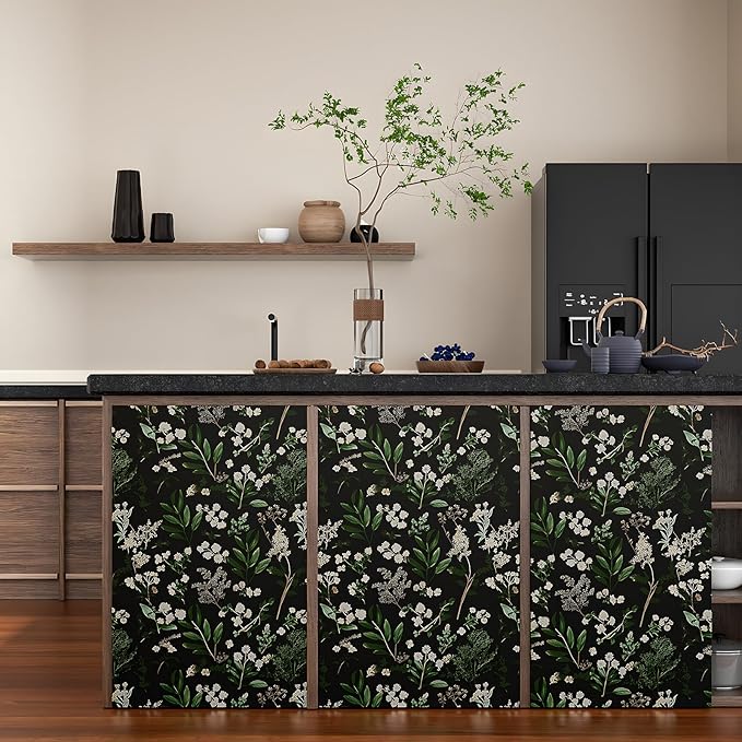 Dark Floral Wallpaper Peel and Stick Green Leaf Wallpaper Vintage Flowers Contact Paper Waterproof Self Adhesive Boho Delicate Wall Paper for Cabinet Kitchen Walls Locker 17.5in x9.8ft
