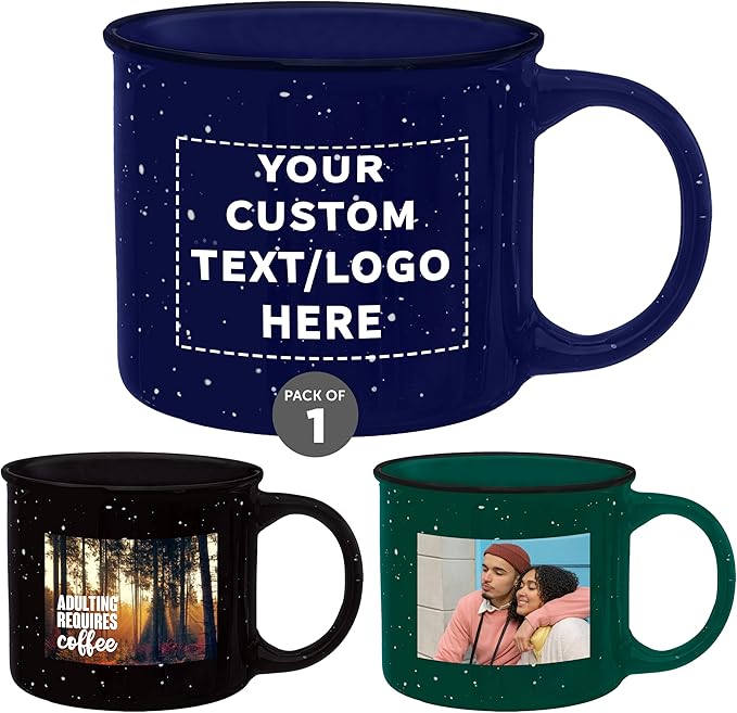 DISCOUNT PROMOS Custom Ceramic Campfire Coffee Mugs 13 oz. Set of 1, Personalized Bulk Pack - Perfect for Tea, Espresso, Cappuccino, Hot Cocoa - Blue