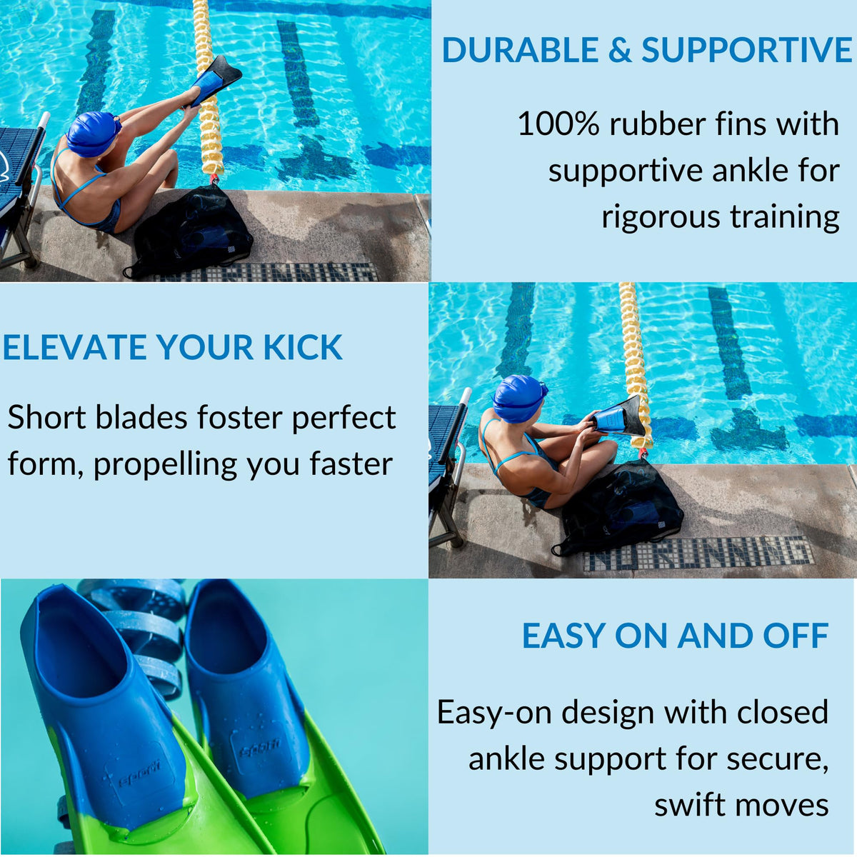 Sporti Adult-Kids Short Swim Fins, Floating Fin for Swimming & Snorkeling, Swim Flippers for Training - Lime GreenBlue - M 5-6 / W 6-7