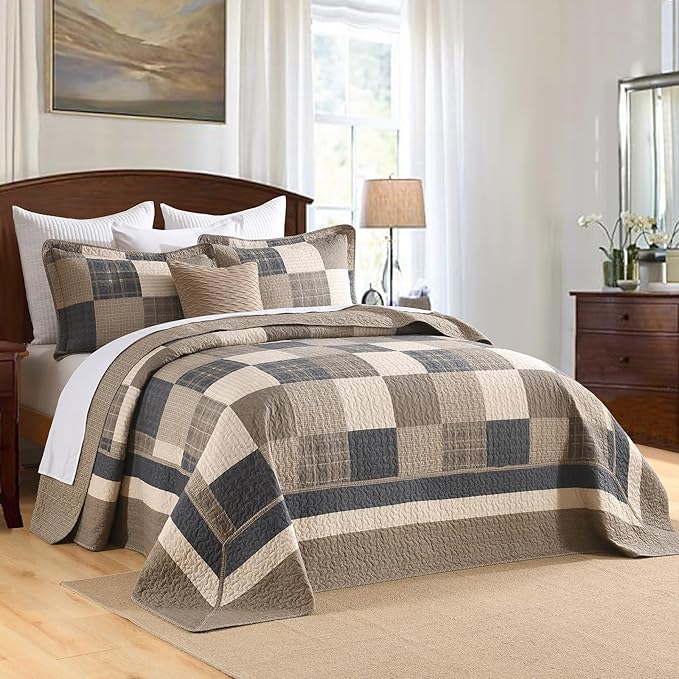 Finlonte 120"x120" Oversized King Bedspread - 100% Cotton Lightweight Quilted Bedspreads Coverlet Set, Farmhouse Plaid Bedding Reversible Oversized King Quilt with 2 Pillow Shams, Brown/Beige/Cream