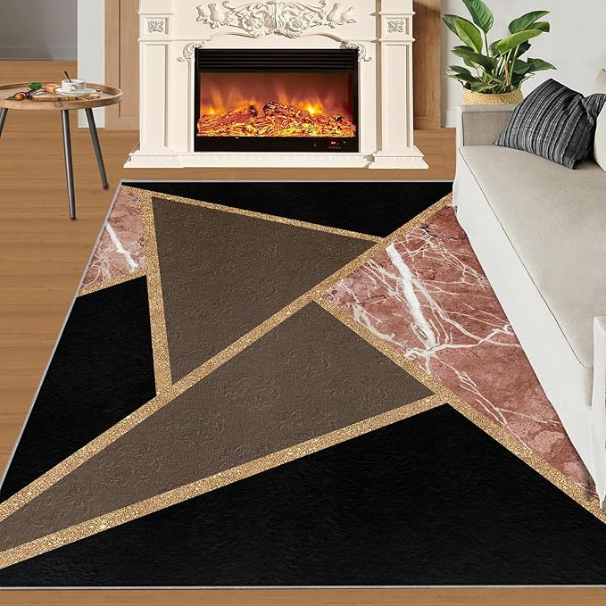 Black Gold Marble Rug Modern Geometric Marble Area Rug Mid-Century Minimalist Geometric Rugs Vintage Crackle Carpet Washable Non-Slip Carpet for Bedroom 8x10ft