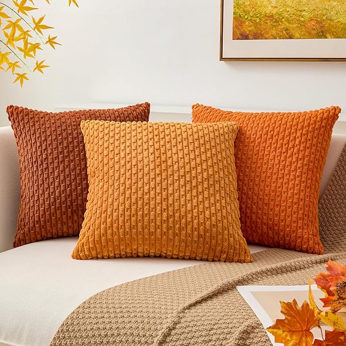 Kevin Textile Fall Throw Pillow Covers Soft Corduroy Decorative Set of 2 Boho Striped Pillow Covers Pillowcases Farmhouse Home Decor for Couch Bed Sofa Living Room 26x26 Inch Orange Yellow